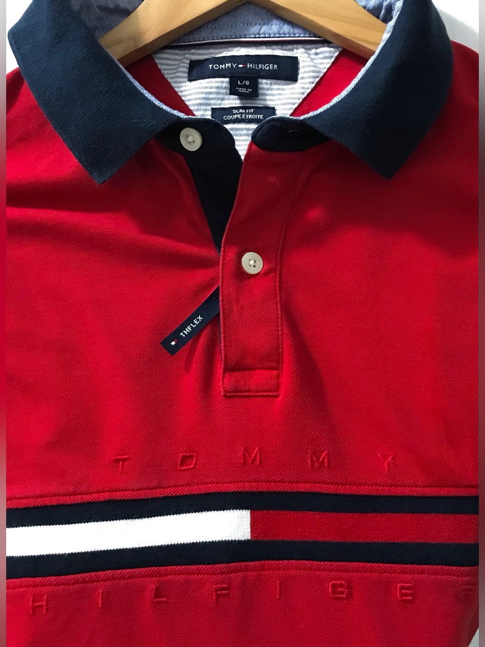 Tommy Hilfiger TH Flex Slim Fit Colorblock Flag Embroidered Polo Shirt Red L EUC